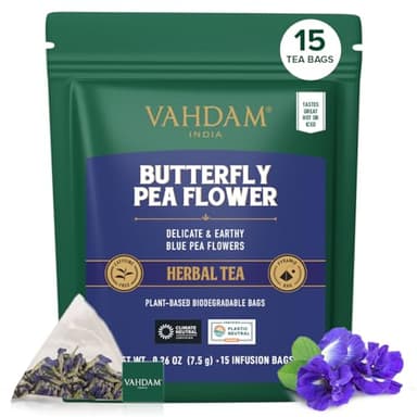 VAHDAM, Butterfly Pea Flower (15 Pyramid Bags) Vegan, Non-GMO | Delicate & Earthy | Direct From Source – Plant-Based Biodegradable | Brew Iced Tea, Cooking, Mocktails & Cocktails