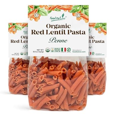 Food to Live Organic Red Lentil Penne Pasta, 8.8 OZ (Pack of 3) – Non-GMO, Single Ingredient. No Additives. No Major Allergens. Good Source of Plant Based Protein and Fiber. Made in Italy