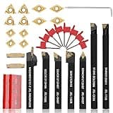 Indexable Lathe Turning Tool 21Pcs Kit 1/2'' 12mm Shank 7 Pcs Metal Lathe Tool Holder Set with 14 Pcs Turning Inserts for Turning Grooving Threading Boring Carbide Inserts Carbide Turning Tool