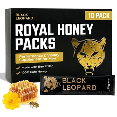 Black Leopard Honey Packs, Pure Honey Sachets with Bee Pollen, Single Serve Honey Packets for Natural Energy and Daily Vitality, 20 Gram Sachets, Pack of 10