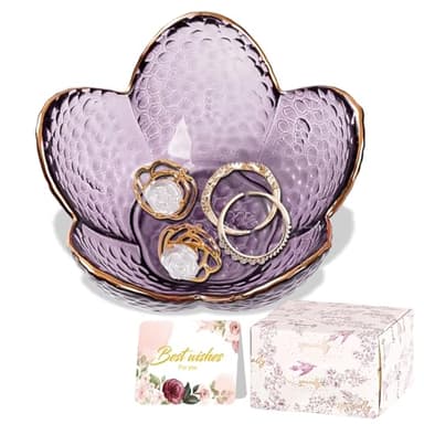 Purple Flower Jewelry Dish Glass Ring Holder Dish Jewelry Tray Cute Vanity Organizer Aesthetic Nightstand Bathroom Room Decor Trinket Dish Valentine's Friendship Christmas Birthday Gifts for Women