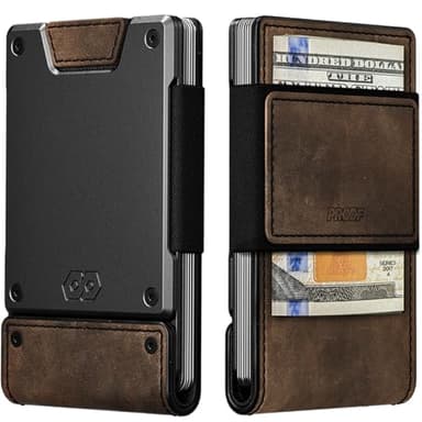PROOF Wallet | Slim Minimalist Wallets for Men | Leather & Metal | RFID Wallet | Front/Back Pocket | Gift Box | Veteran Owned (Founder (Brown Leather | Dark Gun Metal))