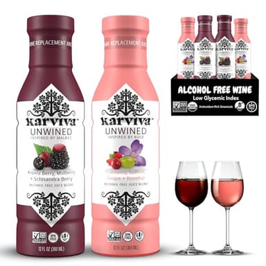 Awards-Winning Non-Alcoholic Wine Alternatives, Variety Pack (Malbec & Rosé) – Ancient Remedies With Adaptogen & Antioxidants for Relaxation, Liver & Brain Detox, Sulfite-Free, Low-Sugar (4 BPA-Free Bottles, 12 oz Each)