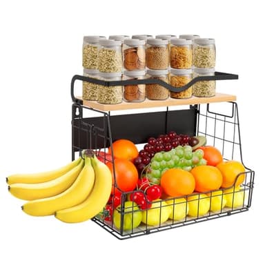 Livabber Magnetic Fridge Organizer Basket with Wood Shelf, Large Fruit Vegetable Storage Bin, Spices Snacks Condiments Rack for Kitchen Pantry, Laundry Room, Office, Magnetic or Wall Mount (Black)