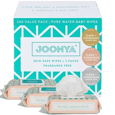 JOONYA Unscented Baby Wipes — Plant-Based, Fragrance-Free Bulk Diaper Wipes | Hypoallergenic, Non-Toxic & Biodegradable Wet Wipes for Sensitive Newborn Skin | 3 Packs of 80 (240 Total)