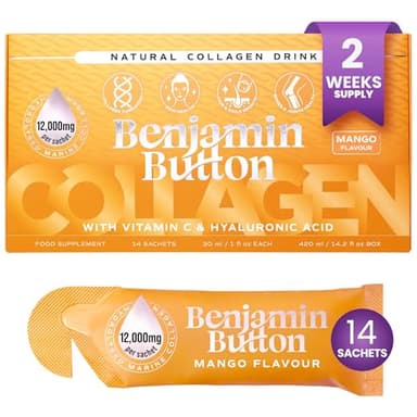 Benjamin Button 12,000mg Marine Collagen Liquid Shots| High Strength Hydrolyzed Marine Collagen Peptides w/Hyaluronic Acid & Vitamin C for Skin, Hair & Joints | Mango, 14 Daily Servings 30ml