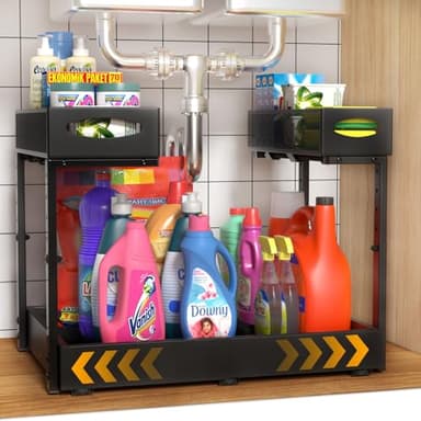 Housolution Under Sink Organizer, 14"-21" Width Expandable, 13"-17" Height Adjustable, 2 Tier Metal Pull Out Under Sink Storage Rack with 3 Sliding Rails for Kitchen Bathroom Cabinet, Double Side