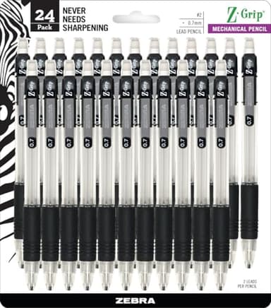 Zebra Pen, Z-Grip Mechanical Pencil, Smooth Writing, Latex-Free Grip, 0.7mm Lead, #2 HB, Pre-Loaded with Lead and Eraser, for School, Office, Everyday Use, Refillable, Clear Barrel, 24-Pack, (15241)