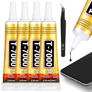 T-7000 Black Glue Adhesive, 4 x 15ML T7000 Adhesive Glue with Tweezers Precision Repairs Glue for Cell Phone Screen Electronics DIY Jewelry Making Crafts