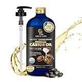 Organic Castor Oil, Cold Pressed, Glass Bottle, USDA Certified Premium Organic Castor Oil, Unrefined, Hexane Free, for Hair Growth, Radiant Skin, Eyebrows, Eyelashes and Fuller Hair, 16.9oz with Pump