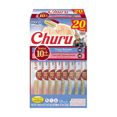 INABA Churu for Senior 10+, Creamy Lickable Cat Treats with Taurine, Vitamin E & C, 0.5 Ounces Each, 20 Tubes, Tuna Variety