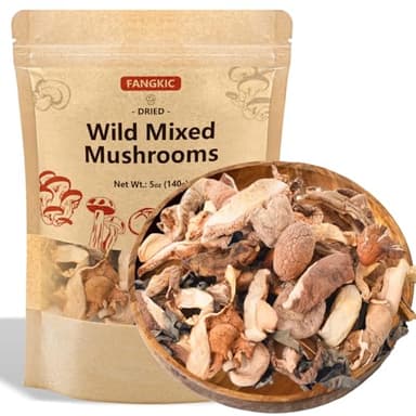 5 kinds Dried Mixed Wild Mushrooms for Cooking, 5oz(140g) Dehydrated Mushrooms Including Porcini Shiitake Oyster Portobello Fungus, Soft Texture Bold Flavor Vegan Food for Soup Pizza Noodle
