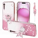 RTYQXK for LG Velvet 5G Phone Case,for LG G900EM Mobile Phone Case for Women and Girl, Glitter Butterfly Floral TPU Protective Cover with Kickstand+Strap for LG G900N/LG Velvet (Pink)