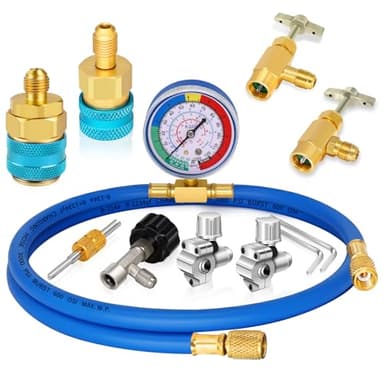 AC R134A R1234YF Refrigerant Recharge Hose Kit, AC R134a 1234yf Gauge Set with Bullet Piercing Valves, R134a R1234yf Can Taps, Low Pressure Quick Couplers