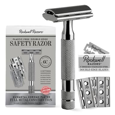 ROCKWELL RAZORS 6C Gunmetal Chrome Safety Razor With 6 Adjustable Shave Settings and 5 Fully Recyclable Razor Blades. Reusable Safety Razors for Men and Women.
