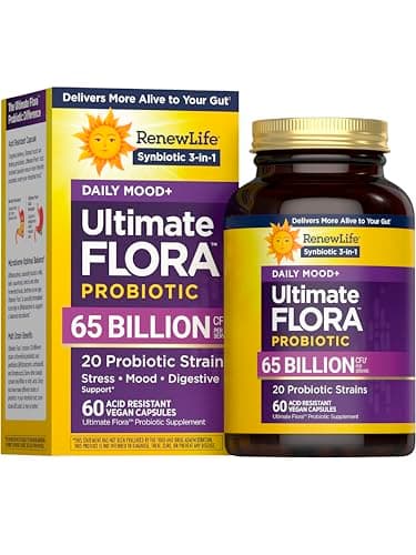Renew Life Ultimate Flora Probiotics Daily Mood Support 65 Billion CFU Delayed Release Vegan Capsules with Ashwagandha | Digestive Health | Immune Health | Dairy Free | 60 Count