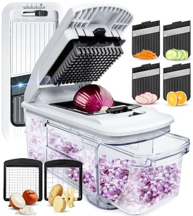 Fullstar Mandoline Slicer for Kitchen - Vegetable Chopper, Onion Potato Food Veggie Fruit Slicer and Cutter with Container, Kitchen Gadgets & Gifts, Home Essentials (4 in 1, Black/White)