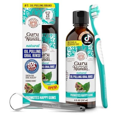 GuruNanda CocoMint Oil Pulling Mouthwash for Complete Oral Hygiene, 7 Essential Oils & Vitamins for Happy Teeth & Gums & Fresh Breath , Alcohol-Free, 8 oz