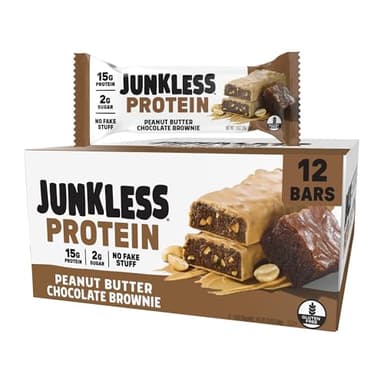JUNKLESS Protein Bars - 15g Protein, No Added Sugar, Gluten Free, High Fiber, Delicious Taste and Texture, Satisfying, Healthy Snack for Energy - 12 Bars (Peanut Butter Chocolate Brownie)