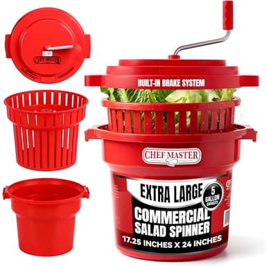 5 Gallon Chef Master Salad Spinner Dryer – Large Capacity, Economy Lettuce Spinner and Fruit Washer Bowl with Strainer - Sealed Gearbox - Fits 5-6 Heads of Lettuce - Durable Spinner Mechanism - 90008
