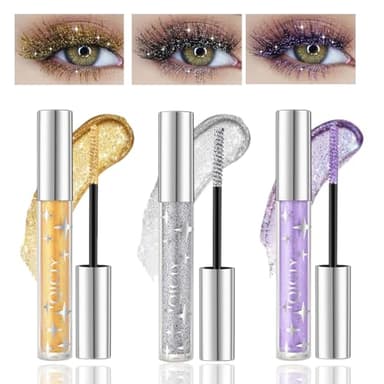 Baorder 3PCS Glitter Mascara for Eyelashes,Waterproof Long Lasting Silver Gold Purple Color Diamond Sparkly Mascara, Lengthening Volumizing Colorful,Party Wedding Stage Use Halloween Christmas Makeup