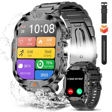 BRUBOSES Smart Watch for Men Military Answer/Make Call 2.01″ Display 170+ Sports Modes Fitness Smart Watch IP68 Waterproof 30 Days Standby Smartwatch for Android iOS Black (2 Straps)