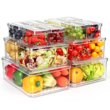 14 Pack Fridge Organizer, Stackable Refrigerator Organizer Bins with Lids PBA-Free, Clear Fridge Organizers and Storage for Kitchen, Countertops, Cabinets, Fridge, Drinks, Fruits, Vegetable, Cereals