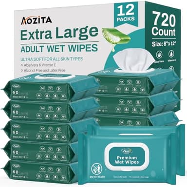 720 Count (12 Packs of 60) Wipes for Adults, 8" x 12" Extra Large Wet Wipes for Incontinence & Cleansing, Disposable Body Shower & Bath Wipes for Elderly Bathing No-Rinse - Vitamin E & Aloe