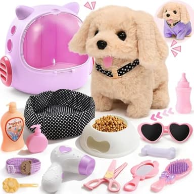 Cleboen 17pcs Robot Dog Toys for Girls Kids Boys 3-6, Realistic Interactive Robot Puppy Dog Plush Toys with Walk & Bark, Pretend Play Puppy Pet Care Playset, 3 4 5 6 Year Old Girl Birthday Gift Ideas