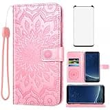 Phone Case for Samsung Galaxy S8 Plus Wallet with Tempered Glass Screen Protector Leather Flip Cover Card Holder Stand Cell Accessories Glaxay S8plus S 8 8plus 8S Edge S8+ SM-G955U Women Rose Gold