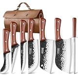 Topfeel 8PCS Chef Butcher Fish Knife Set for Meat Cutting with Roll Bag, Hand Forged Meat Cleaver Knife Boning Carving Knife Set for Home、Camping、BBQ