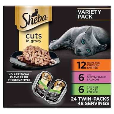 Sheba Perfect Portions Wet Cat Food Cuts in Gravy, Cat Food Wet Recipe, Roasted Chicken Entree, with Sustainable Salmon, Tender Turkey Entree, 2.6 oz. Twin-Pack Trays (24 Count, 48 Servings)