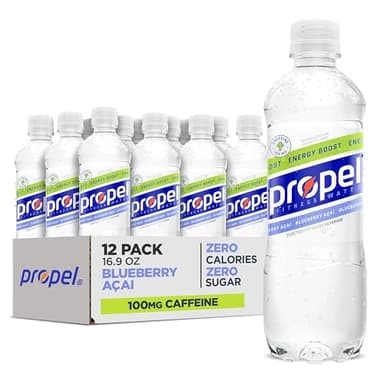 Propel Energy Boost Zero Calorie Flavored Water With Electrolytes and Caffeine, Blueberry Acai, 16.9 fl oz Bottles (12 Pack)