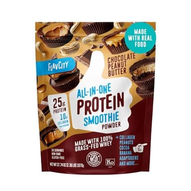 FlavCity Grass Fed Whey Chocolate Protein Powder - Chocolate Peanut Butter - 25g Protein & 10g Collagen - Made with Organic Cocoa & Coconut Milk - Gluten Free & No Added Sugars (20 Servings)
