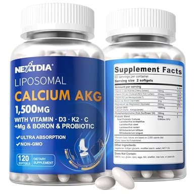 2 Pack Liposomal Calcium AKG Supplement 1500mg with Vitamin D3 & K2 for Women & Men, Calcium Supplement with Magnesium Glycinate, Boron, Probiotics & Vitamin C for Bone Strength & Energy, 240 Softgels