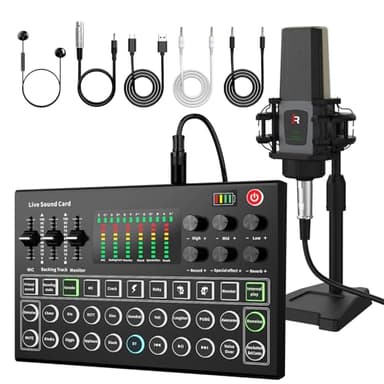 RHM M9 Podcast Equipment Bundle, All-in-One Audio Interface with Microphone & Earphone, 13 Sound Effects, Support Voice Changing/Noise Reduction/Elimination, Great for TikTok, Youtube, Facebook live