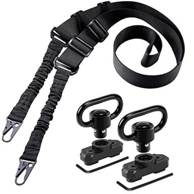 REERON Two Point Traditional Rifle Sling with 2 Pack 1.25" QD Swivel Mounts for M-Rails - Adjustable Extra Long 2 Point Traditional Sling (Black Sling + 2 Pack Swivel Mounts)