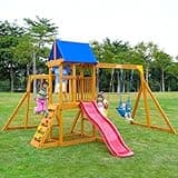 SuniBoxi Wooden Swing Sets for Backyard, Playground Sets for Backyards with a Slide, Rock Climbing Wall, Sandbox, Colorful Shed Cloth, Monkey bar, and More - Outdoor Playset for Backyard 3-6 Year-Olds