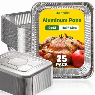 Boxential 9x13 Aluminum Pans with Lids [25 Pack], Extra Heavy Duty Half Size Disposable Foil Pans, Deep Baking Pans for Cooking, Roasting, Heating, and Steam Tables