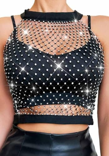 Nicute Rhinestone Mesh Bra Top Black Sparkly Crystal Halter Crop Top Glitter Beach Party Sexy Bikini Cover Up Top for Women (Black)