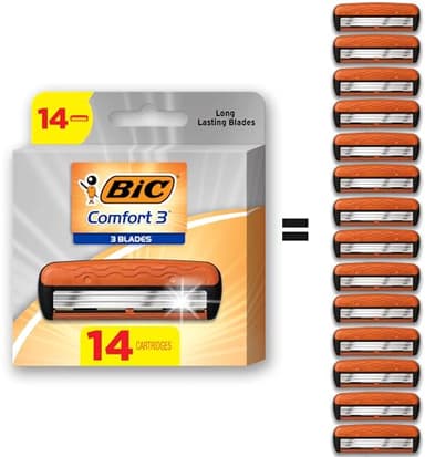 BIC Comfort 3 Men's Refillable Razor Heads with 3 Long Lasting Blades and Enhanced Lubricating Strips, 14 Razor Refill Cartridges