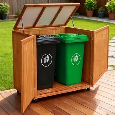 YTGLEN 30 cu ft Outdoor Storage Shed, Wooden Trash Can Cabinet with Removable Wheels & Lockable Door for Patio, Garden, Garage