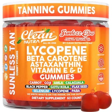 Sunless Glow Lycopene Beta Carotene Tanning Gummies Astaxanthin Vitamin C D E Flax Seed Selenium Amla l Tyrosine PABA Black Pepper 60 Count Strawberry Banana Flavor by Clean Nutra