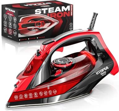 Utopia Home Steam Iron for Clothes - Non-Stick Soleplate - 1800W Clothes Iron With Auto-Off Safety Feature - Adjustable Thermostat Control, Variable Steam Control, Self-Clean, 8 Feet Cord (Black/Red)