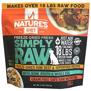 Nature's Diet Simply Raw Freeze-Dried Whole Food Meal - Makes 18 Lbs Fresh Food with Muscle, Organ, Bone Broth, Whole Egg, Superfoods, Fish Oil Omega 3, 6, 9, Probiotics & Prebiotics (Beef)