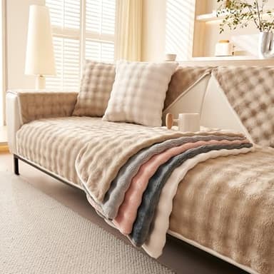 tianxinbaobei Velvet Couch Cover, Faux Fur Sofa Covers, Non-Slip Plush Couch Cover Furniture Protector (Cream,36"x70"/3-stear Cover)