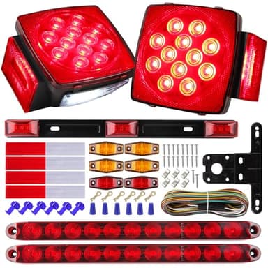 Partswcgg 12V Led Utility Trailer Lights Wiring Kit, Square Combination Stop Turn Tail License Lights,Red/Amber Marker Lamp,3rd Third Brake Tail Red Clearance ID Light Strip Bar w/25ft Wiring Harness