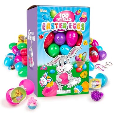 Giraffe 100 Pack Prefilled Easter Eggs Bulk - Multi Color Plastic Filled Easter Eggs for Kids with Toy Filled Slap Bracelets, LED Rings, Stickers - Easter Basket Stuffers for Kids