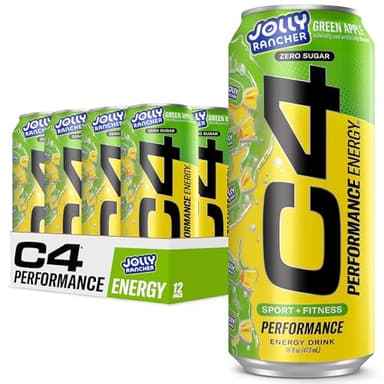 Cellucor C4 Performance Energy Drink | JOLLY RANCHER Green Apple | Zero Sugar Carbonated Preworkout Energy | 200mg Caffeine with Beta Alanine | 16 Fl Oz (12 Pack)
