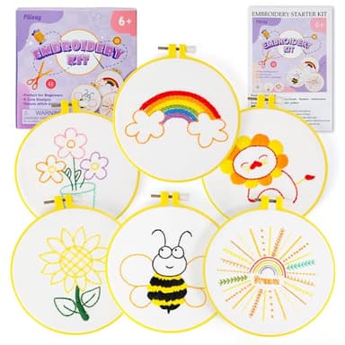 Pllieay 6PCS Embroidery Kit for Beginners, Needlepoint Kits for Beginners with Patterns, 6.5" Embroidery Hoop, Threads, Needles, Instructions, Kids Cross Stitch Kits Supplies for Girls Boys Ages 6+